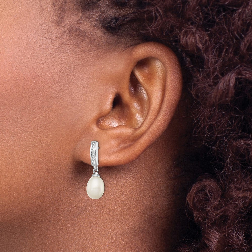 Sterling Silver Rhod-plated 8-9mm White FWC Pearl CZ Post Dangle Earrings