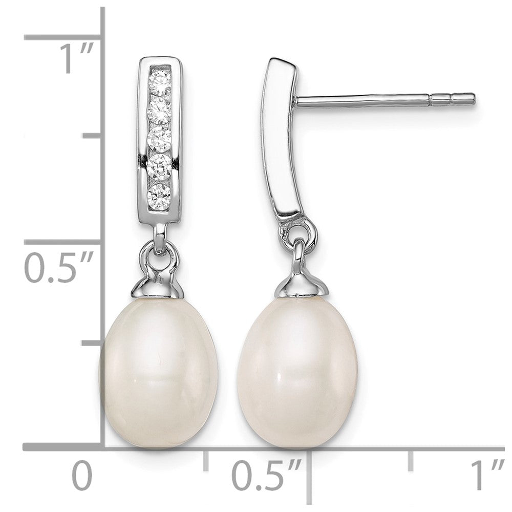 Sterling Silver Rhod-plated 8-9mm White FWC Pearl CZ Post Dangle Earrings