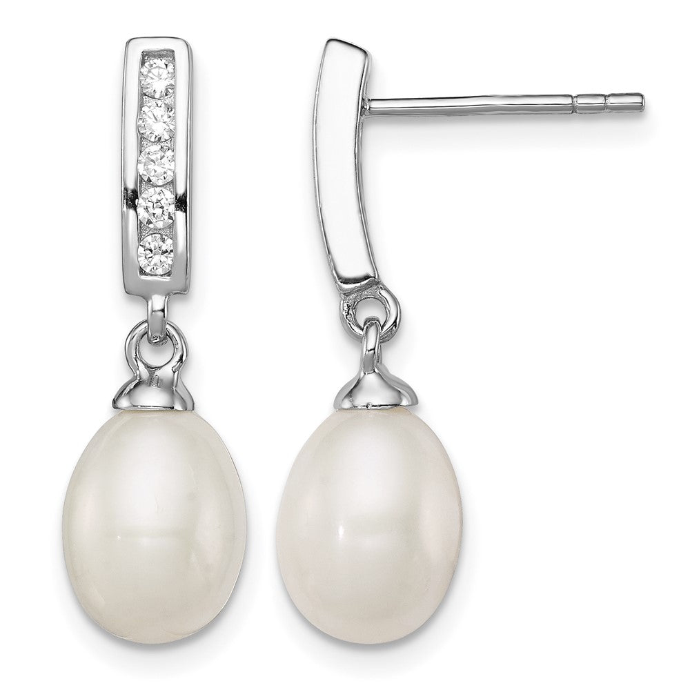 Sterling Silver Rhod-plated 8-9mm White FWC Pearl CZ Post Dangle Earrings