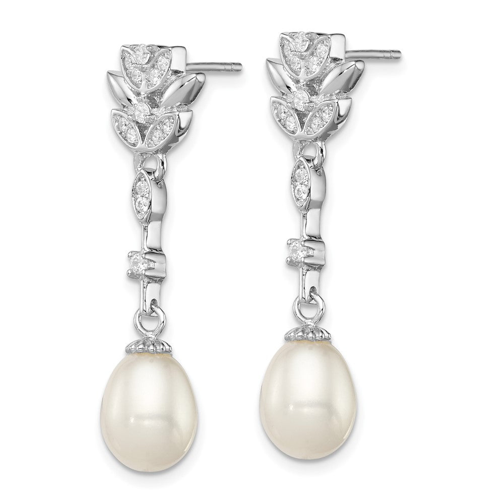 Sterling Silver Rhod-plated 8-9mm White FWC Pearl CZ Post Dangle Earrings