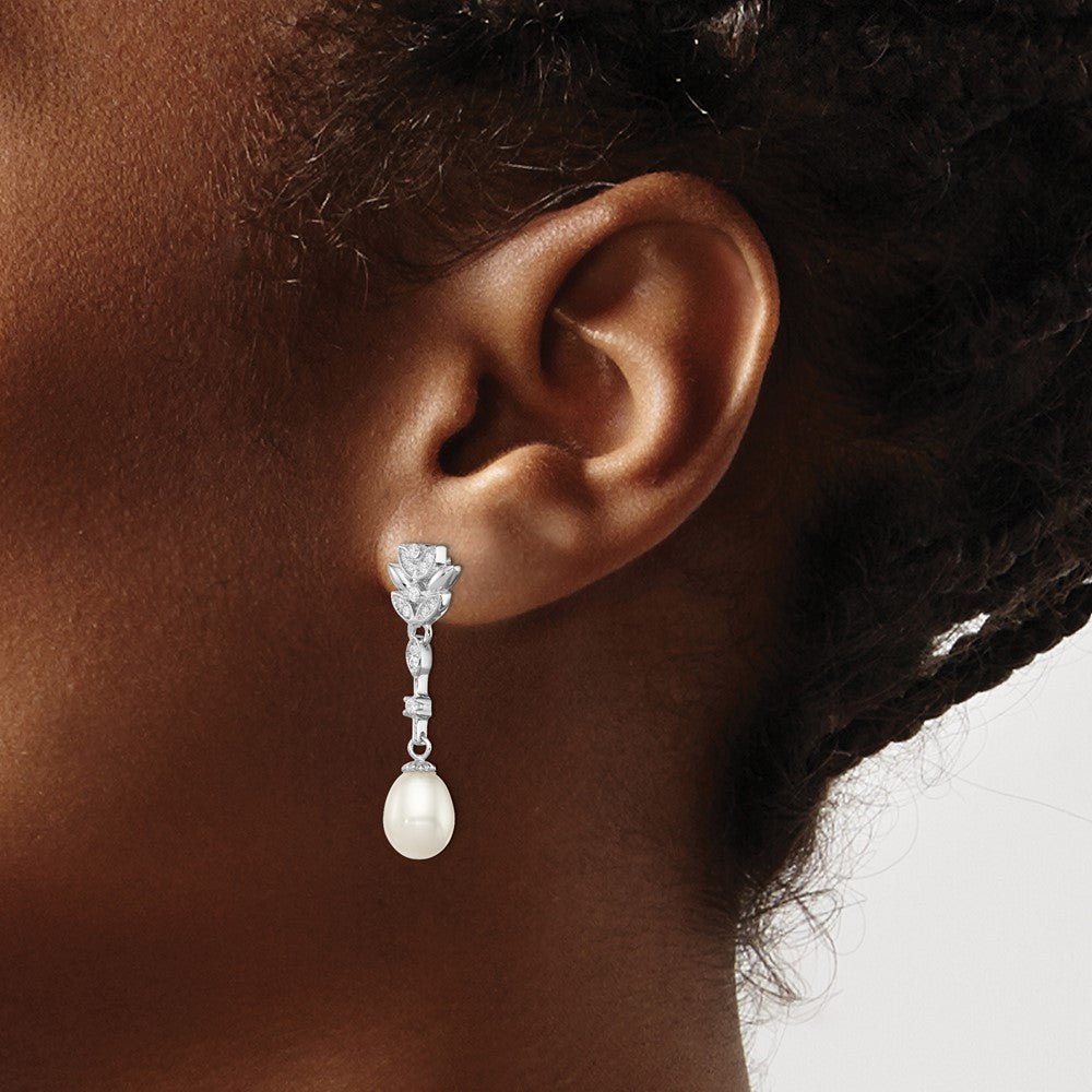Sterling Silver Rhod-plated 8-9mm White FWC Pearl CZ Post Dangle Earrings