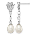 Sterling Silver Rhod-plated 8-9mm White FWC Pearl CZ Post Dangle Earrings
