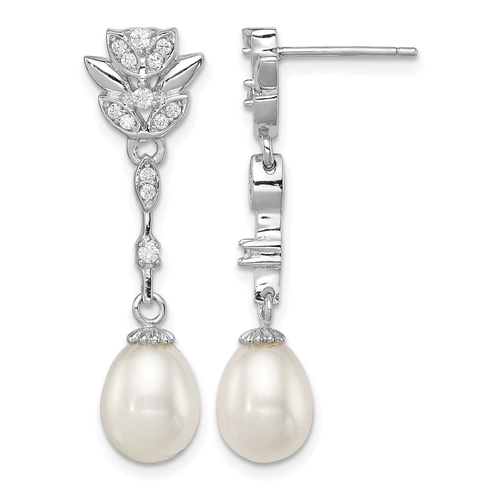 Sterling Silver Rhod-plated 8-9mm White FWC Pearl CZ Post Dangle Earrings