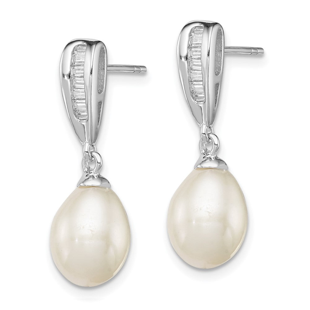 Sterling Silver Rhodium-plated 7-8mm White FWC Pearl CZ Dangle Earrings