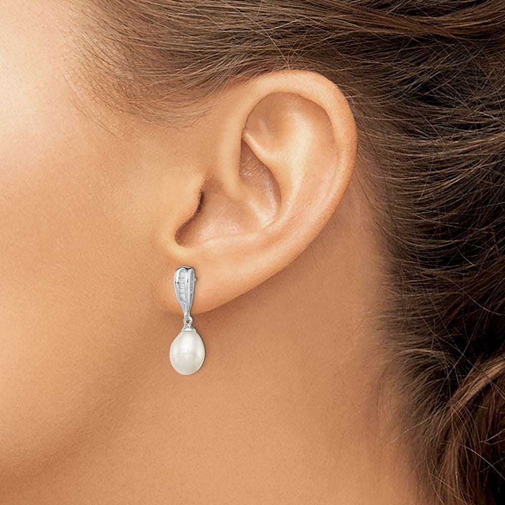 Sterling Silver Rhodium-plated 7-8mm White FWC Pearl CZ Dangle Earrings
