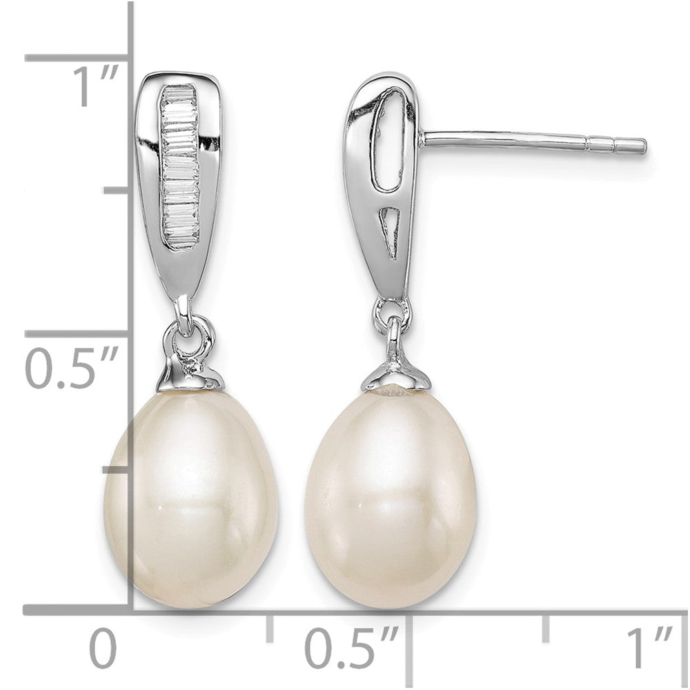 Sterling Silver Rhodium-plated 7-8mm White FWC Pearl CZ Dangle Earrings