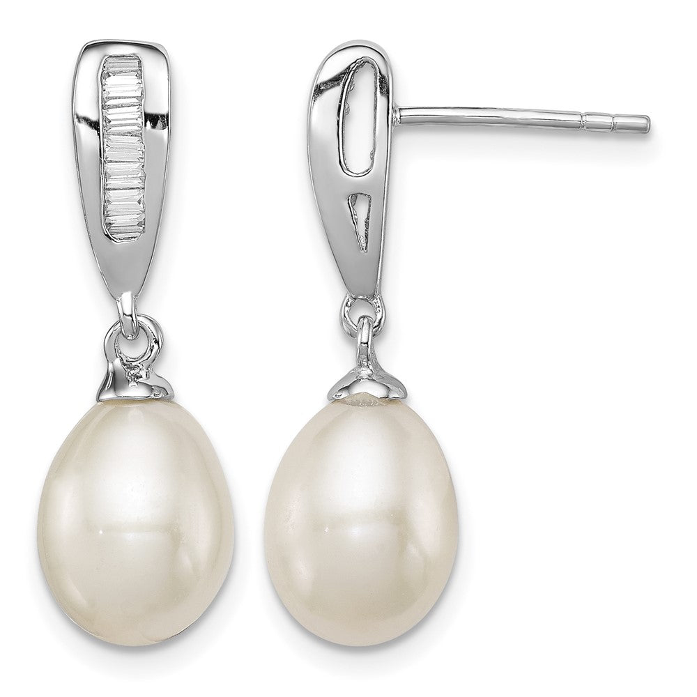 Sterling Silver Rhodium-plated 7-8mm White FWC Pearl CZ Dangle Earrings