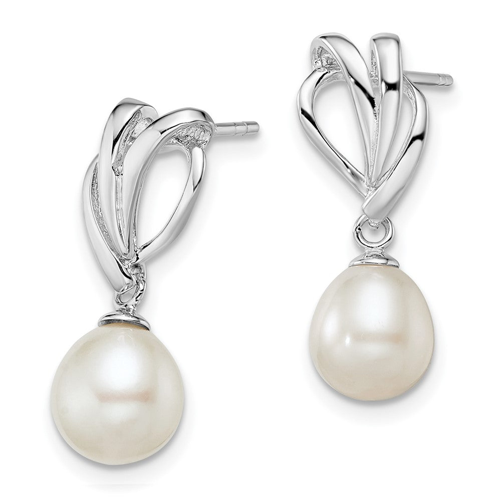 Sterling Silver Rhodium-plated 7-8mm White FWC Pearl Post Dangle Earrings