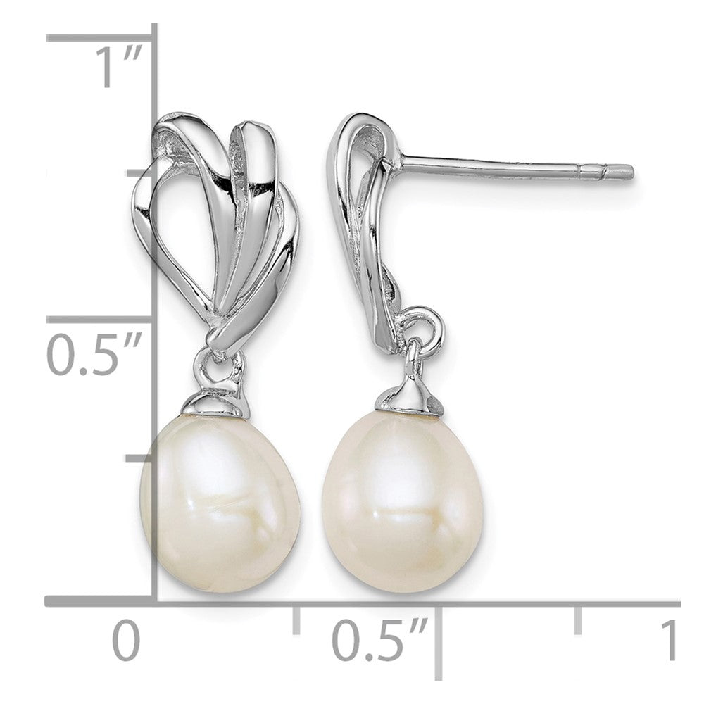 Sterling Silver Rhodium-plated 7-8mm White FWC Pearl Post Dangle Earrings