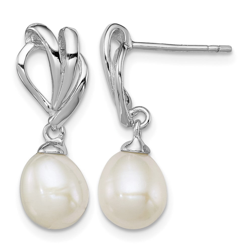 Sterling Silver Rhodium-plated 7-8mm White FWC Pearl Post Dangle Earrings