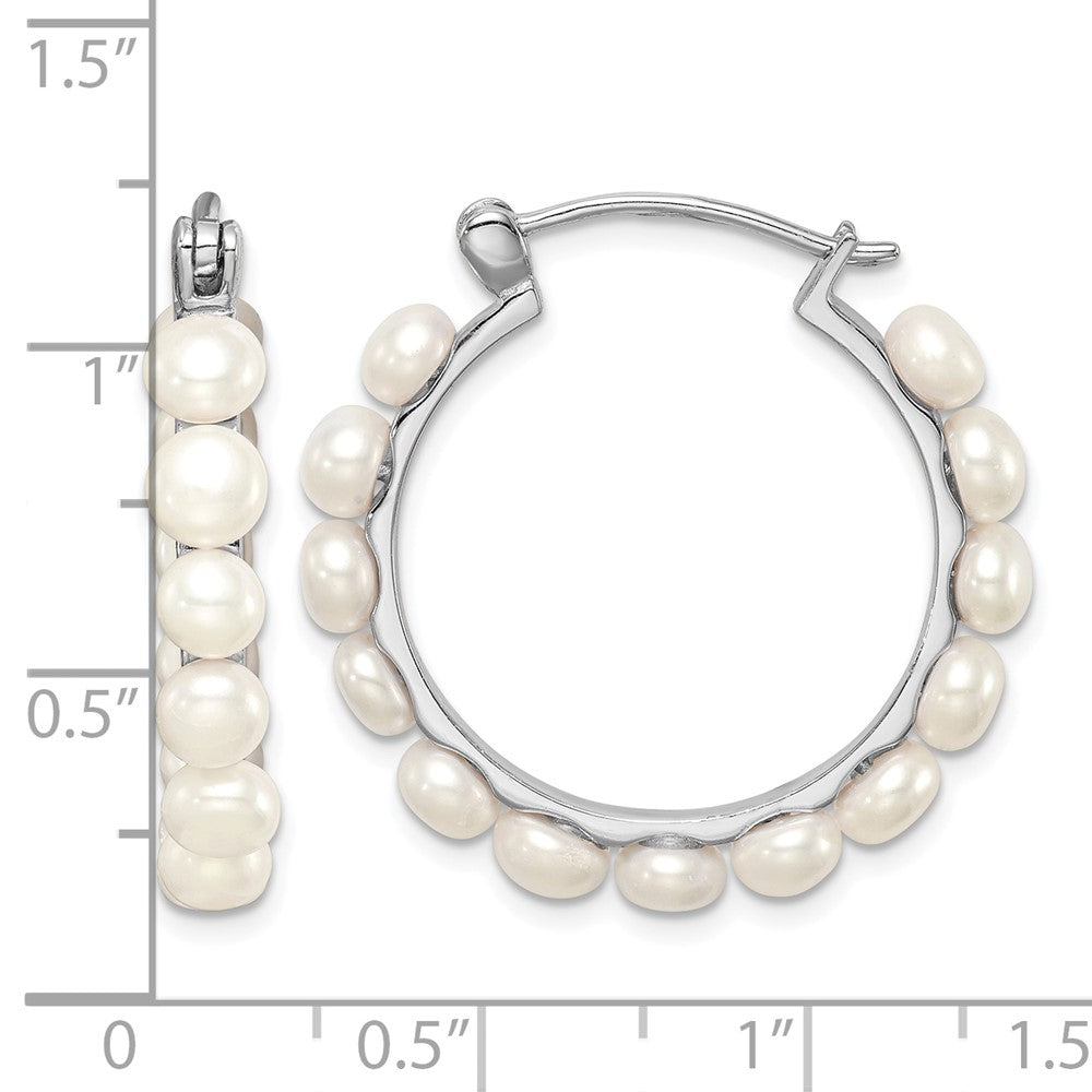 Sterling Silver Rhodium-plated 4-5mm White FWC Pearl Hoops