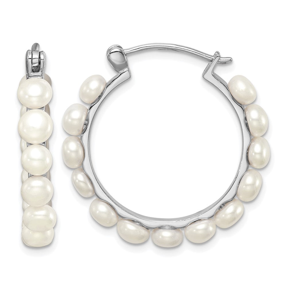 Sterling Silver Rhodium-plated 4-5mm White FWC Pearl Hoops