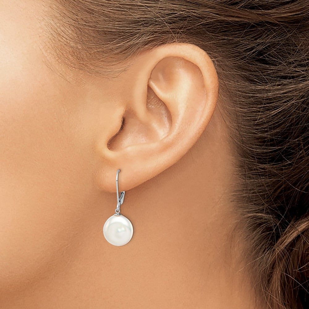 Sterling Silver RH-plated 12-13mm FWC Coin Pearl Leverback Earrings