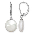Sterling Silver RH-plated 12-13mm FWC Coin Pearl Leverback Earrings