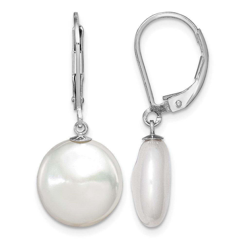 Sterling Silver RH-plated 12-13mm FWC Coin Pearl Leverback Earrings
