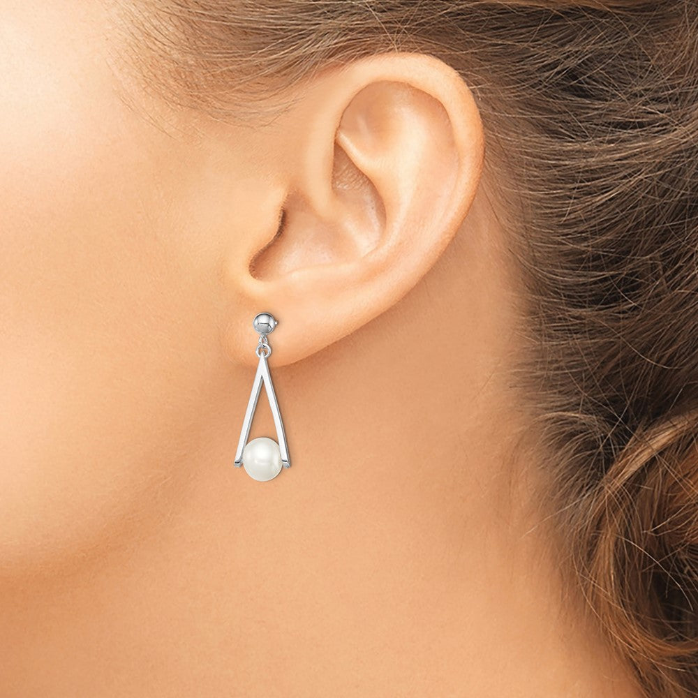 Sterling Silver Rhodium-plated 8-9mm White FWC Pearl Post Dangle