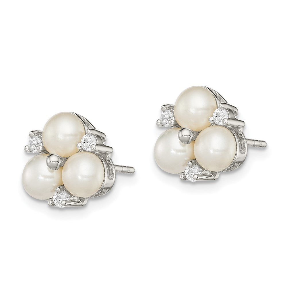 Sterling Silver RH 5-6mm White FW Cultured 3-Pearl CZ Post Earrings
