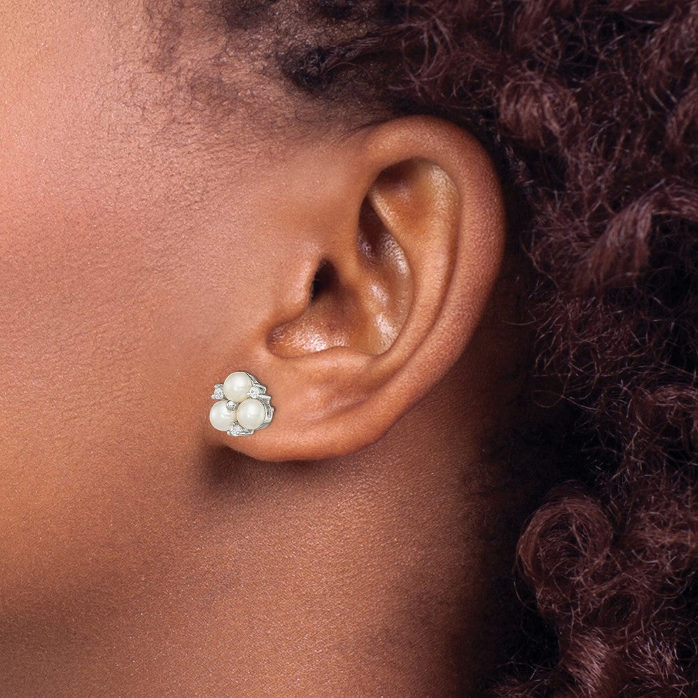 Sterling Silver RH 5-6mm White FW Cultured 3-Pearl CZ Post Earrings