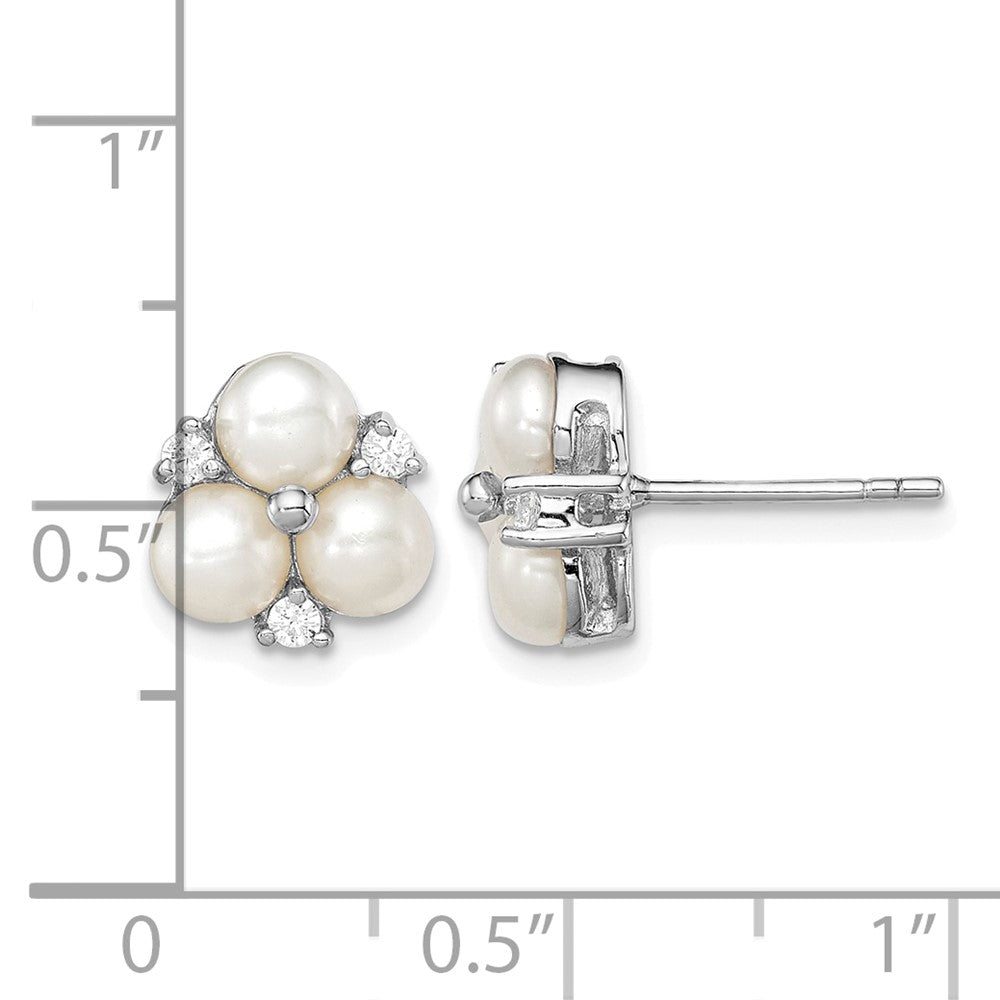 Sterling Silver RH 5-6mm White FW Cultured 3-Pearl CZ Post Earrings