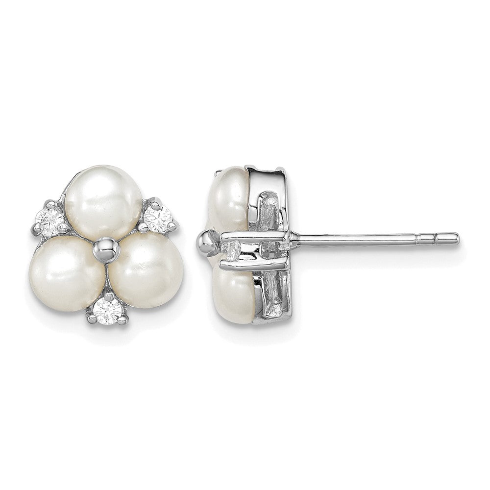 Sterling Silver RH 5-6mm White FW Cultured 3-Pearl CZ Post Earrings