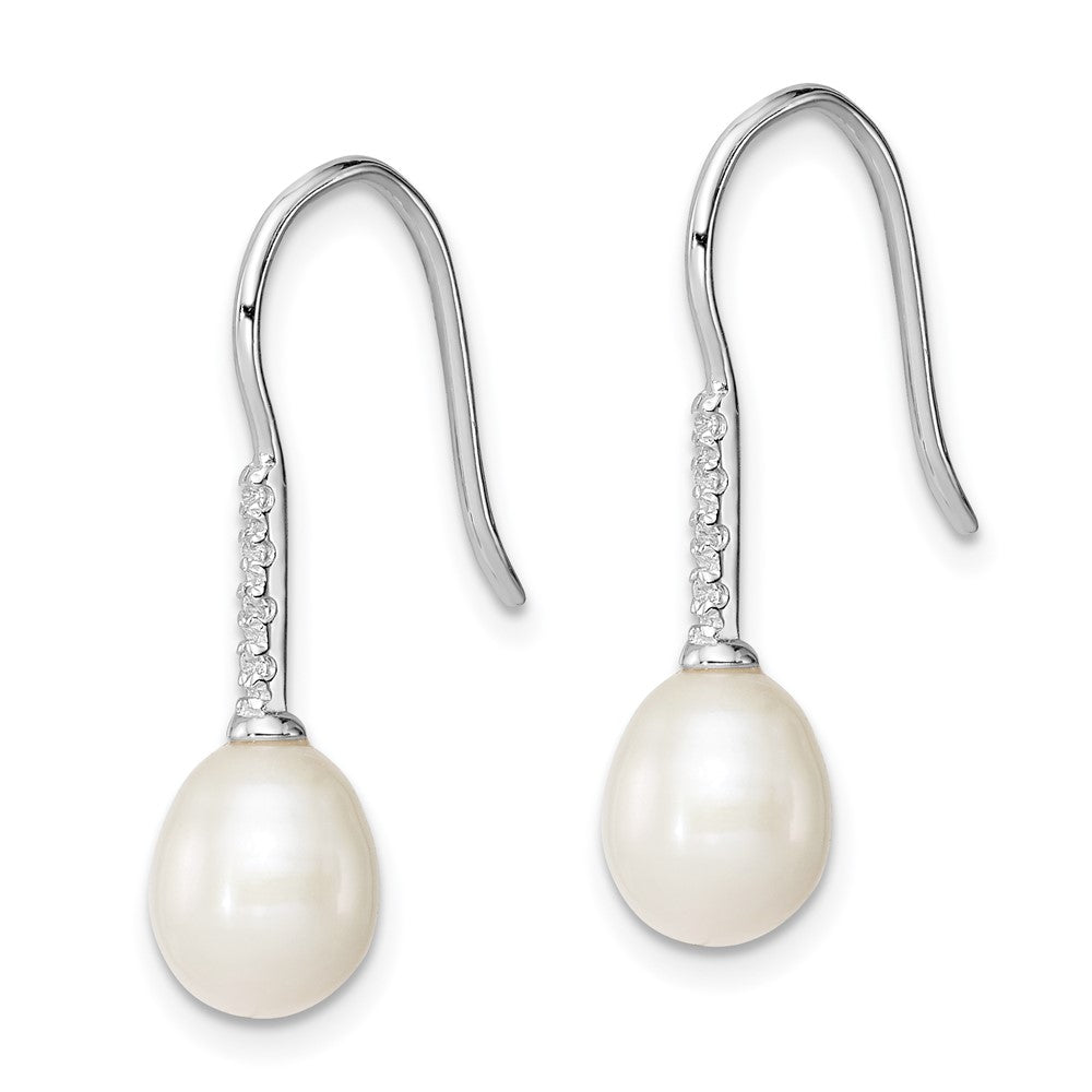 Sterling Silver Rhodium-plated 7-8mm White FWC Pearl CZ Dangle Earrings