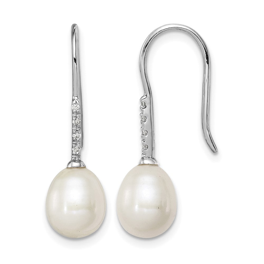 Sterling Silver Rhodium-plated 7-8mm White FWC Pearl CZ Dangle Earrings