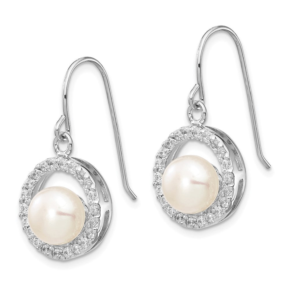Sterling Silver Rhodium-plated 7-8mm White FWC Pearl CZ Dangle Earrings