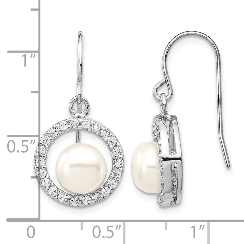 Sterling Silver Rhodium-plated 7-8mm White FWC Pearl CZ Dangle Earrings