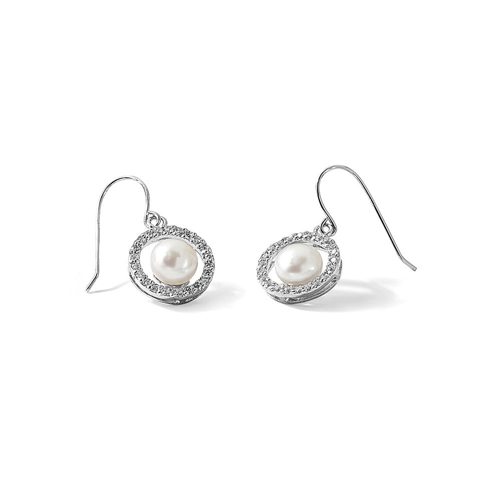Sterling Silver Rhodium-plated 7-8mm White FWC Pearl CZ Dangle Earrings