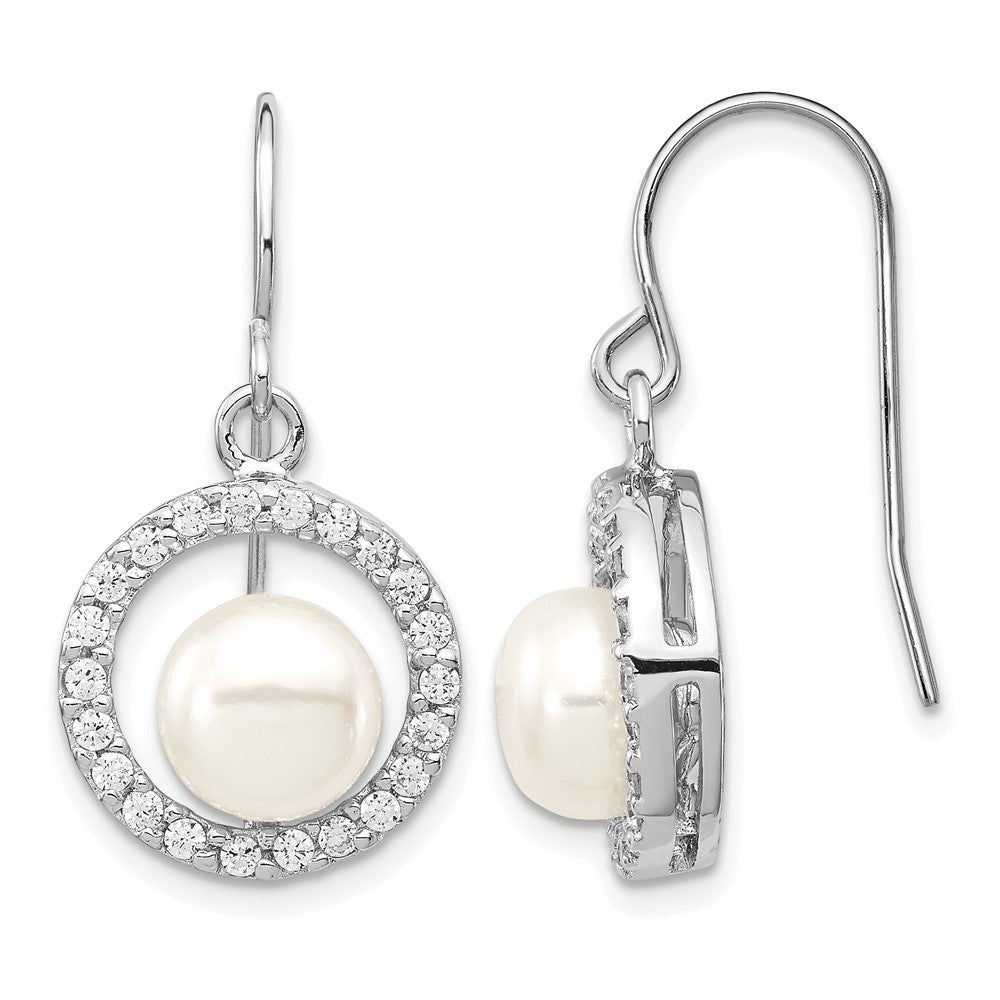 Sterling Silver Rhodium-plated 7-8mm White FWC Pearl CZ Dangle Earrings