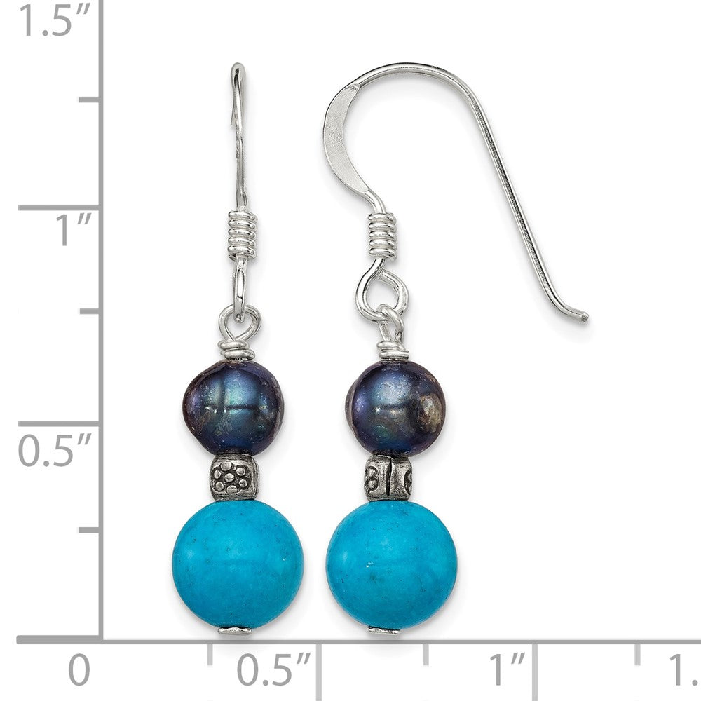 Sterling Silver Antiqued Black FWC Pearl & Turquoise Dangle Earrings