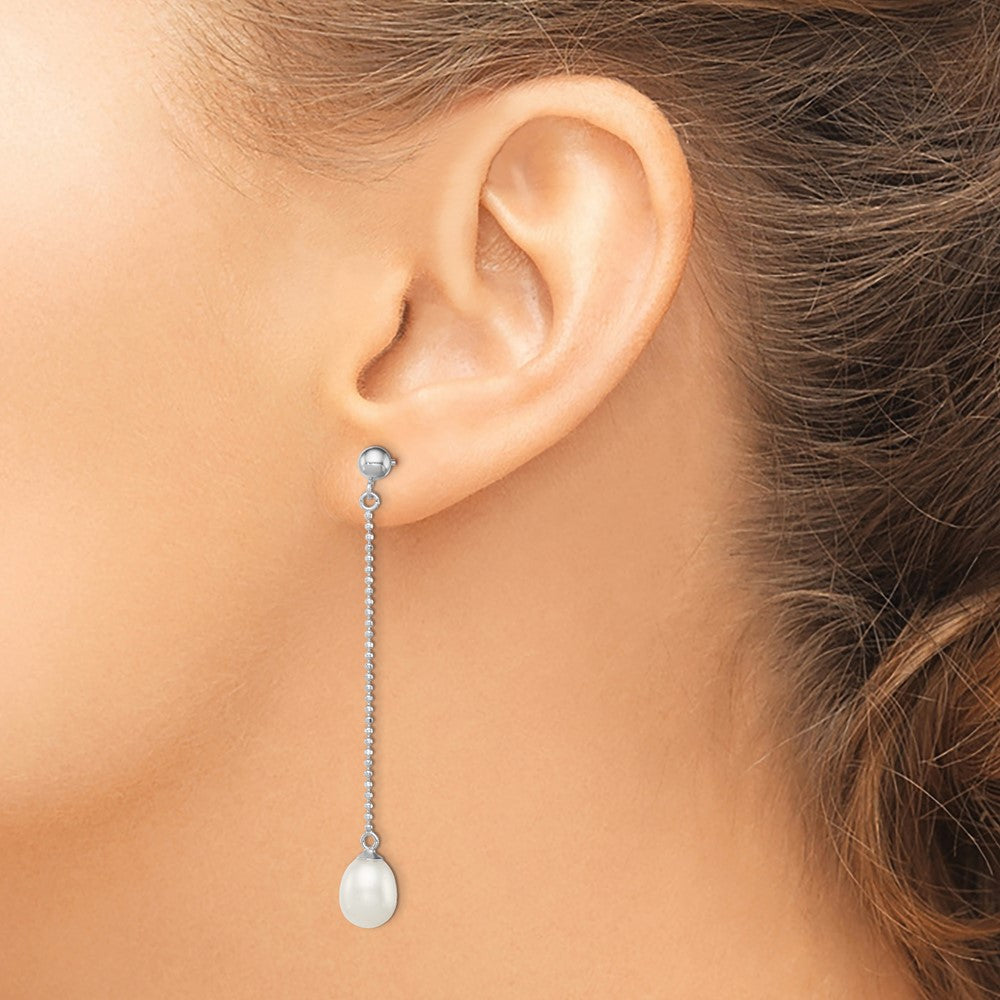 Sterling Silver Rhodium-plated 7-8mm White FWC Pearl Post Dangle Earrings