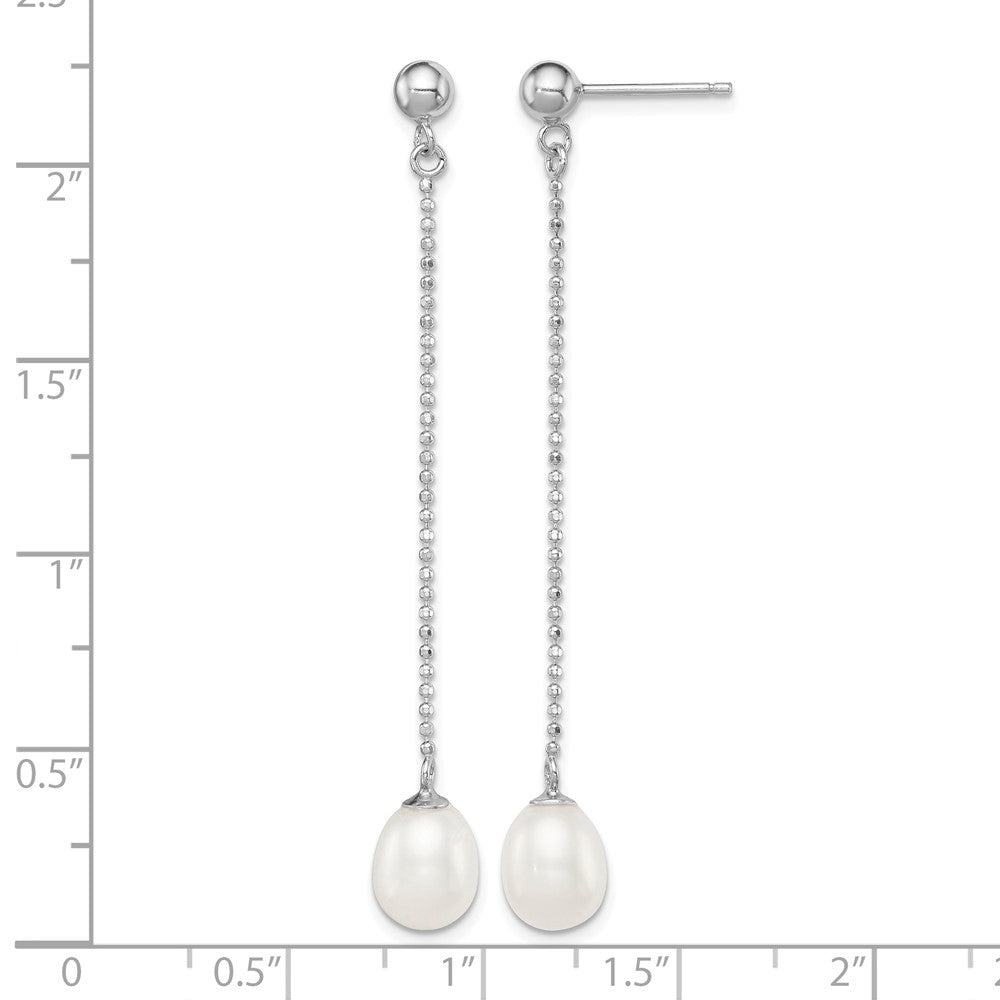 Sterling Silver Rhodium-plated 7-8mm White FWC Pearl Post Dangle Earrings
