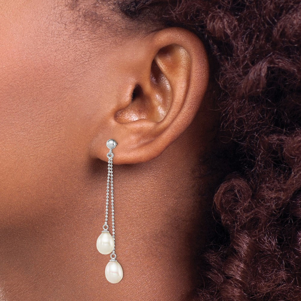 Sterling Silver Rhodium-plated 7-8mm White FWC Pearl Post Dangle Earrings
