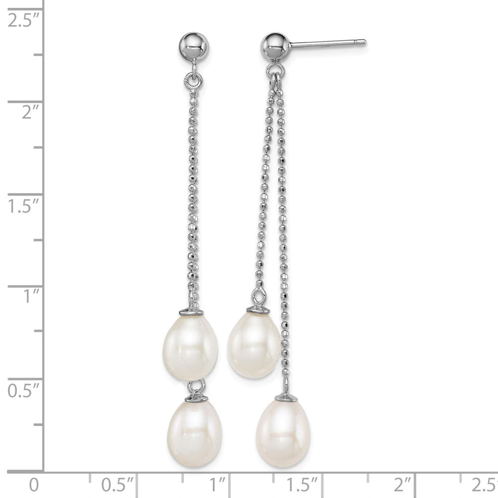 Sterling Silver Rhodium-plated 7-8mm White FWC Pearl Post Dangle Earrings