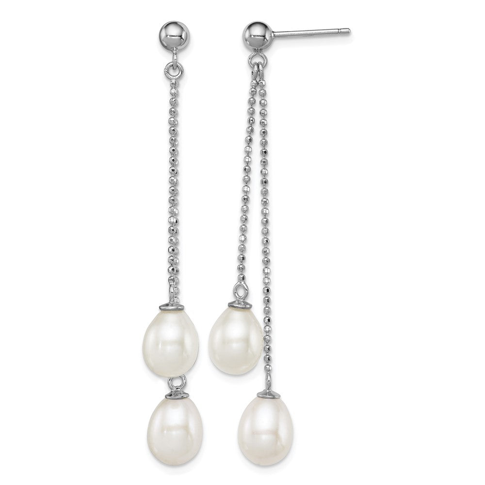 Sterling Silver Rhodium-plated 7-8mm White FWC Pearl Post Dangle Earrings