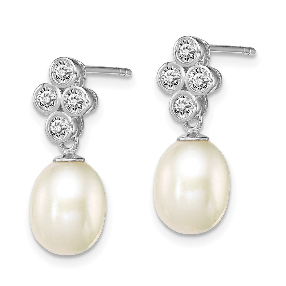 Sterling Silver Rhod-plated 7-8mm White FWC Pearl CZ Post Dangle Earrings