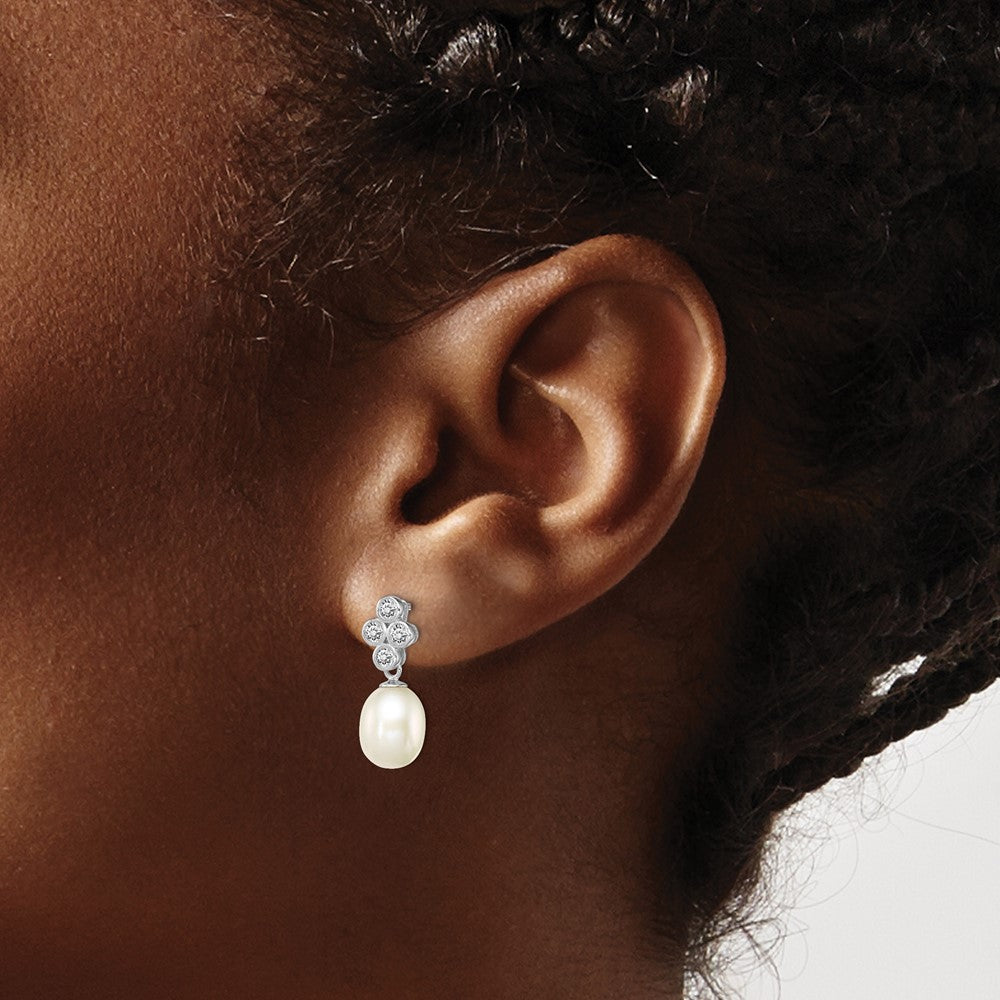 Sterling Silver Rhod-plated 7-8mm White FWC Pearl CZ Post Dangle Earrings