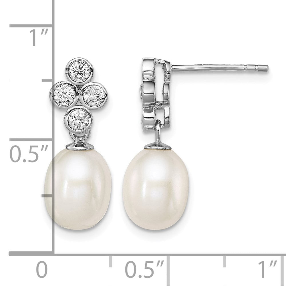 Sterling Silver Rhod-plated 7-8mm White FWC Pearl CZ Post Dangle Earrings