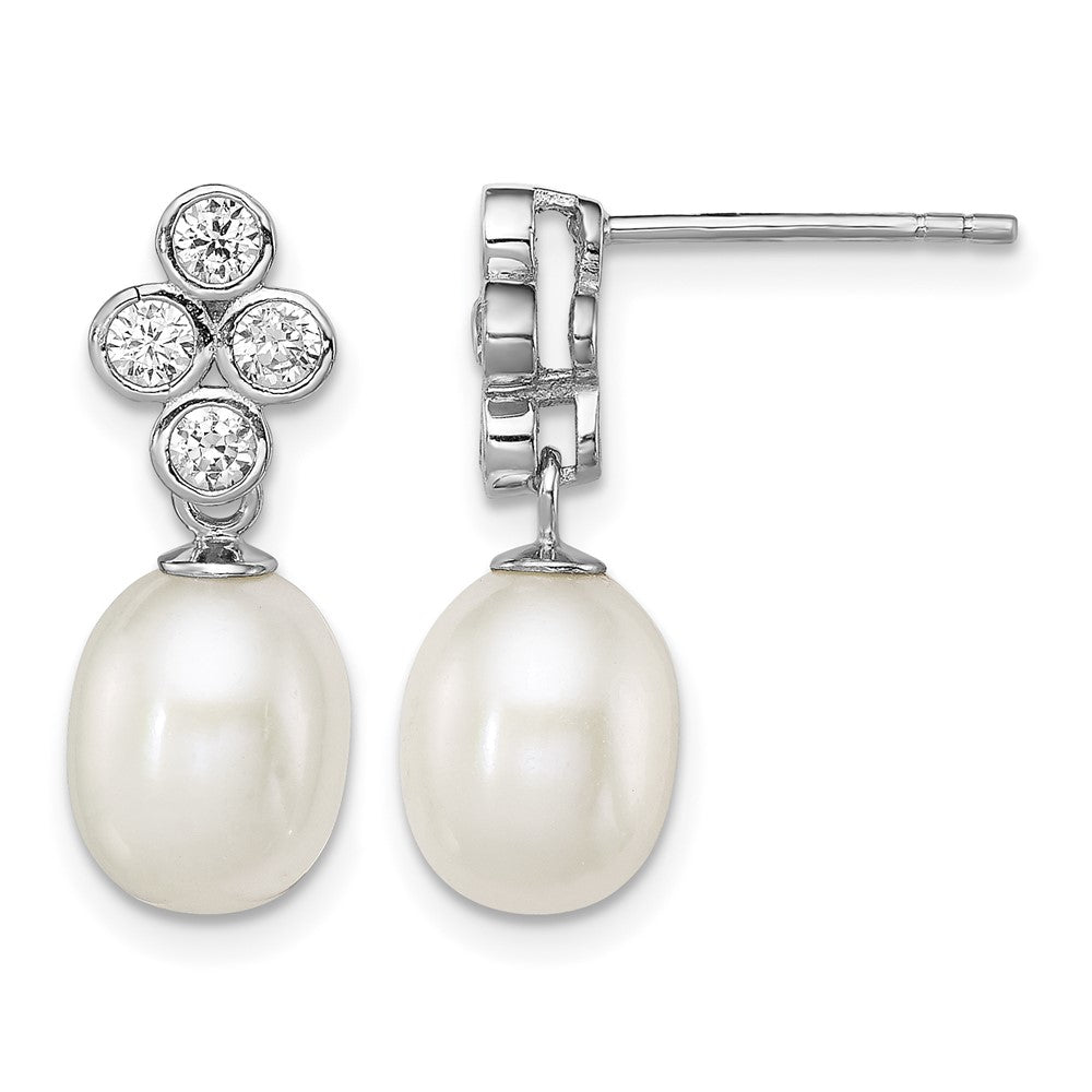 Sterling Silver Rhod-plated 7-8mm White FWC Pearl CZ Post Dangle Earrings