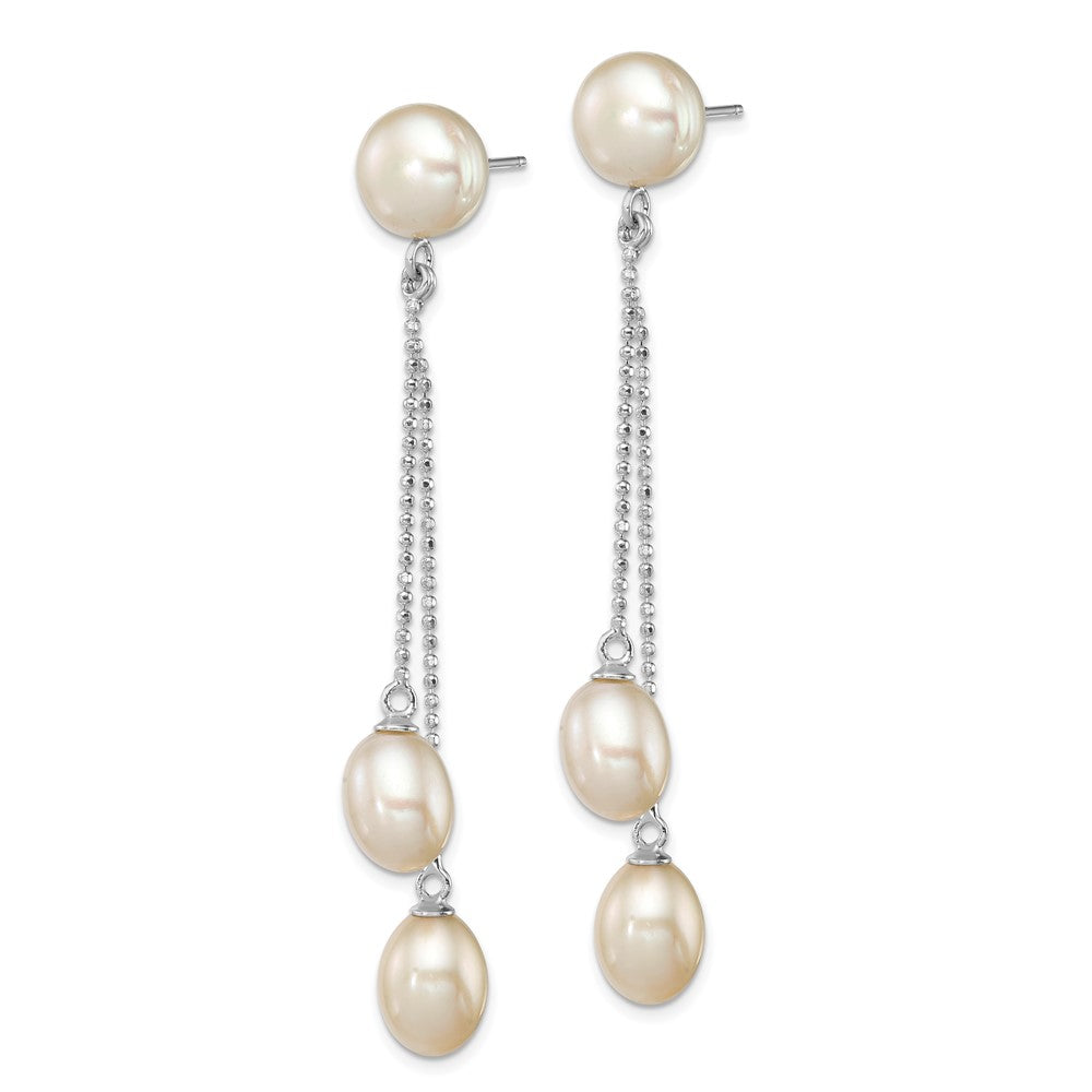 Sterling Silver Rhodium-plated 6-9mm White FWC 3-Pearl Post Dangle Earrings