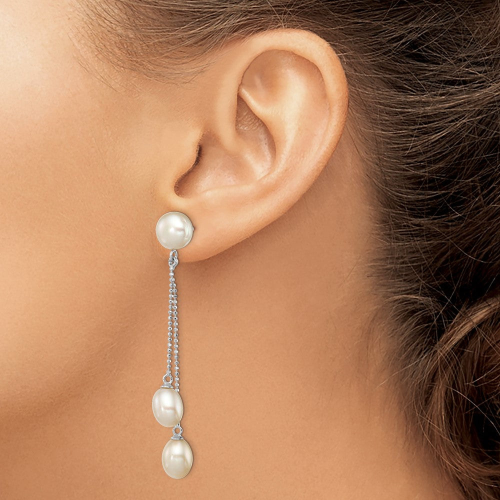 Sterling Silver Rhodium-plated 6-9mm White FWC 3-Pearl Post Dangle Earrings