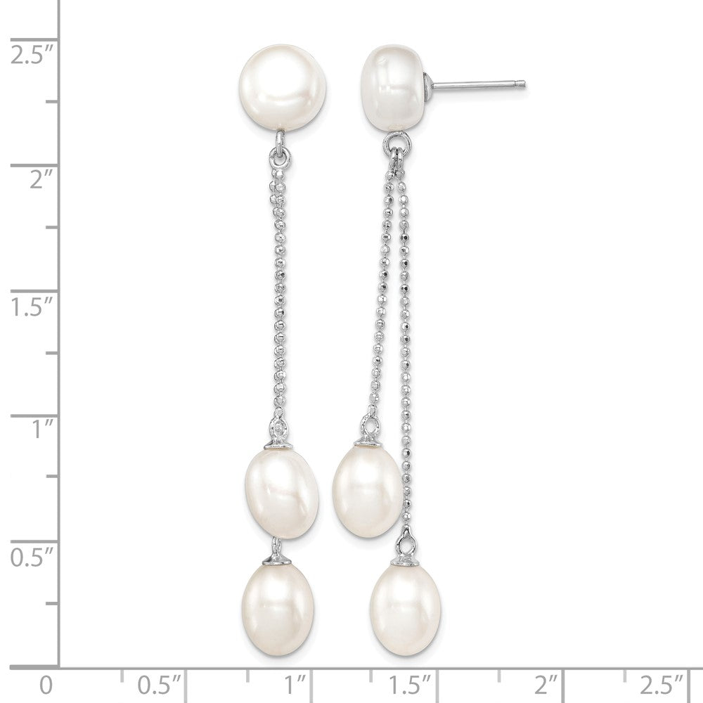 Sterling Silver Rhodium-plated 6-9mm White FWC 3-Pearl Post Dangle Earrings