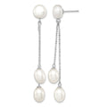 Sterling Silver Rhodium-plated 6-9mm White FWC 3-Pearl Post Dangle Earrings