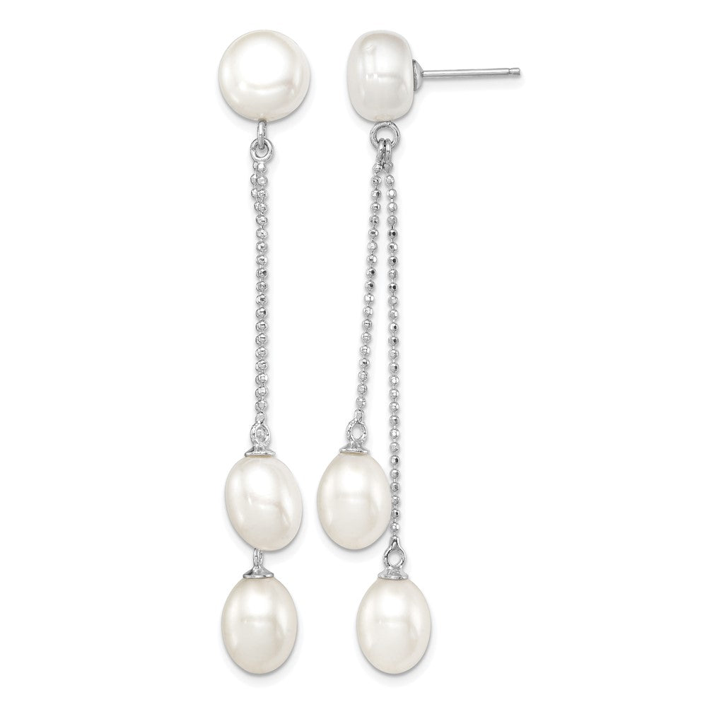 Sterling Silver Rhodium-plated 6-9mm White FWC 3-Pearl Post Dangle Earrings