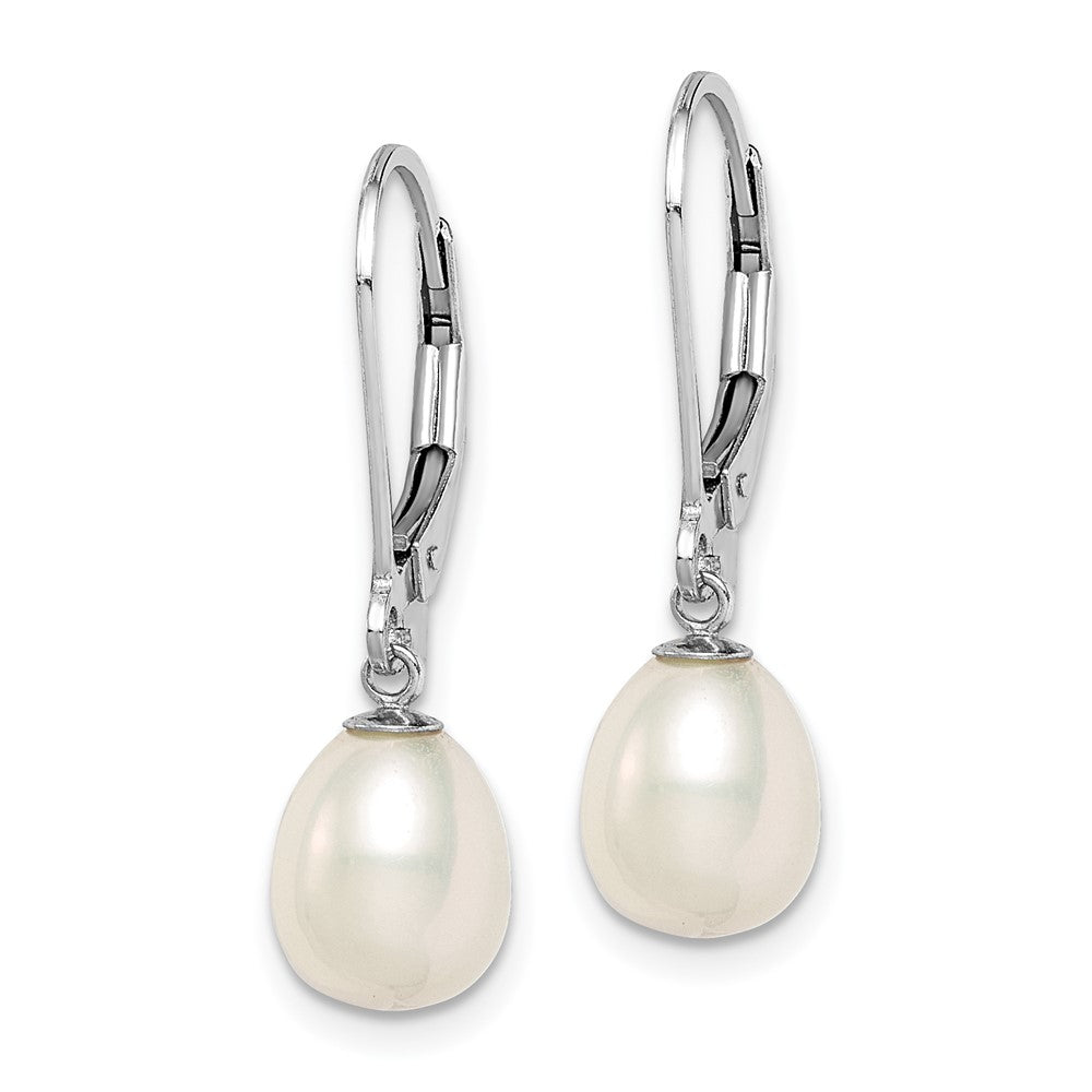 Sterling Silver Rhodium-plated 7-8mm White FWC Pearl Leverback Earrings