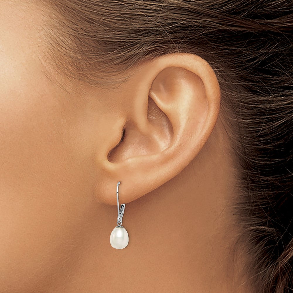 Sterling Silver Rhodium-plated 7-8mm White FWC Pearl Leverback Earrings