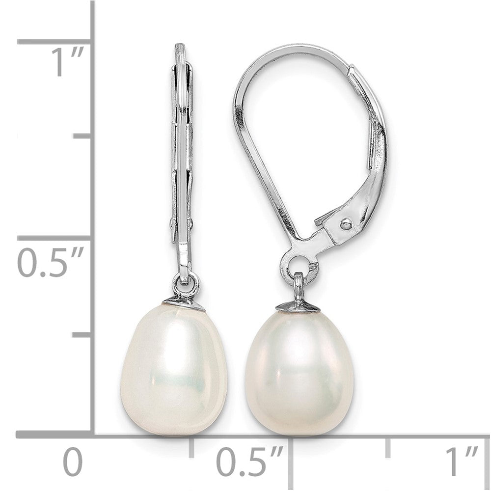 Sterling Silver Rhodium-plated 7-8mm White FWC Pearl Leverback Earrings