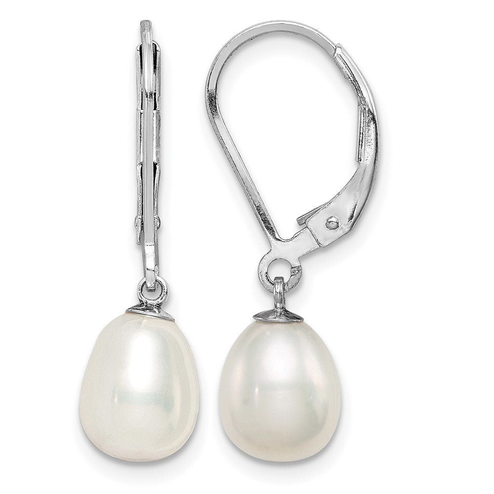 Sterling Silver Rhodium-plated 7-8mm White FWC Pearl Leverback Earrings