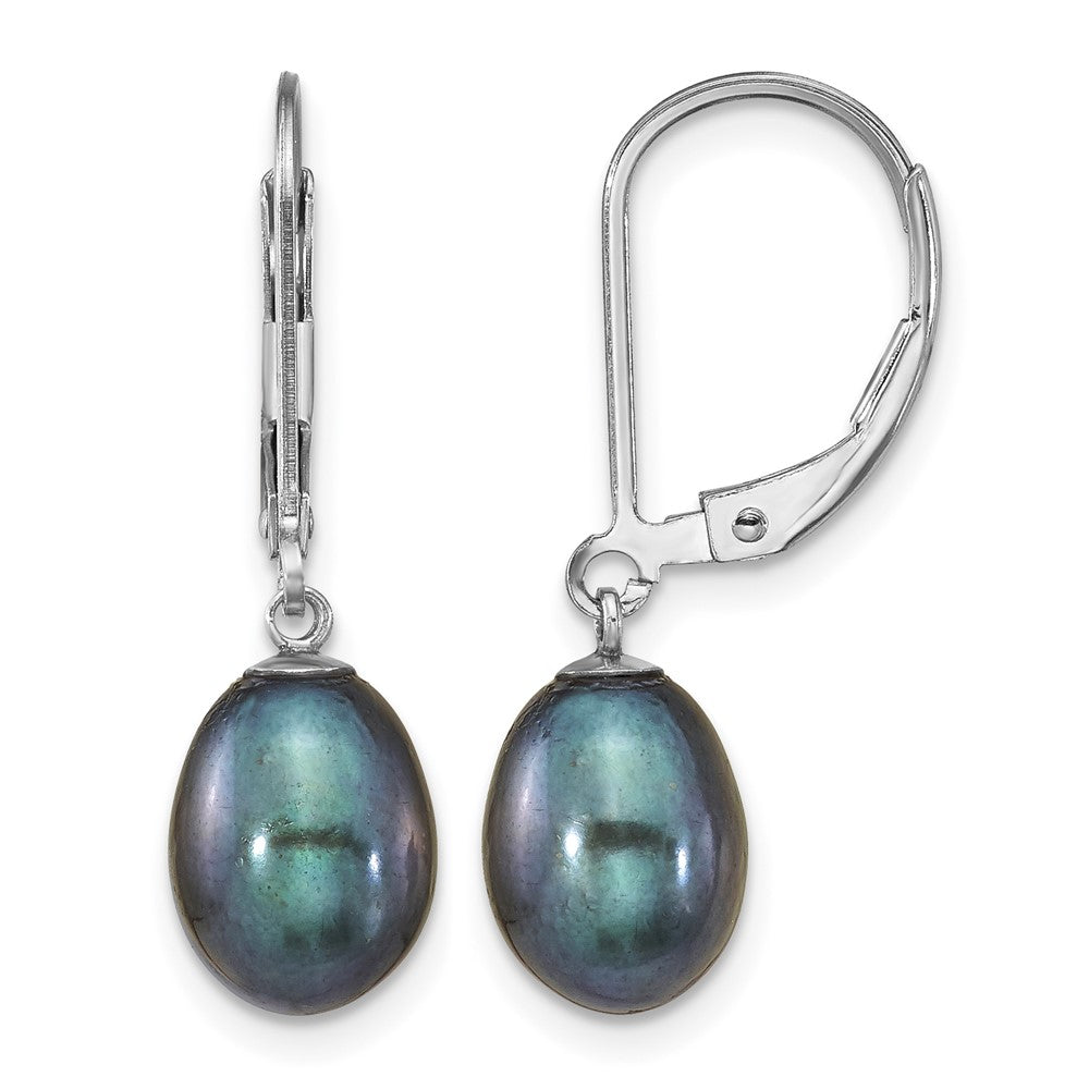 Sterling Silver RH-plated 7-8mm Black FWC Pearl Leverback Earrings